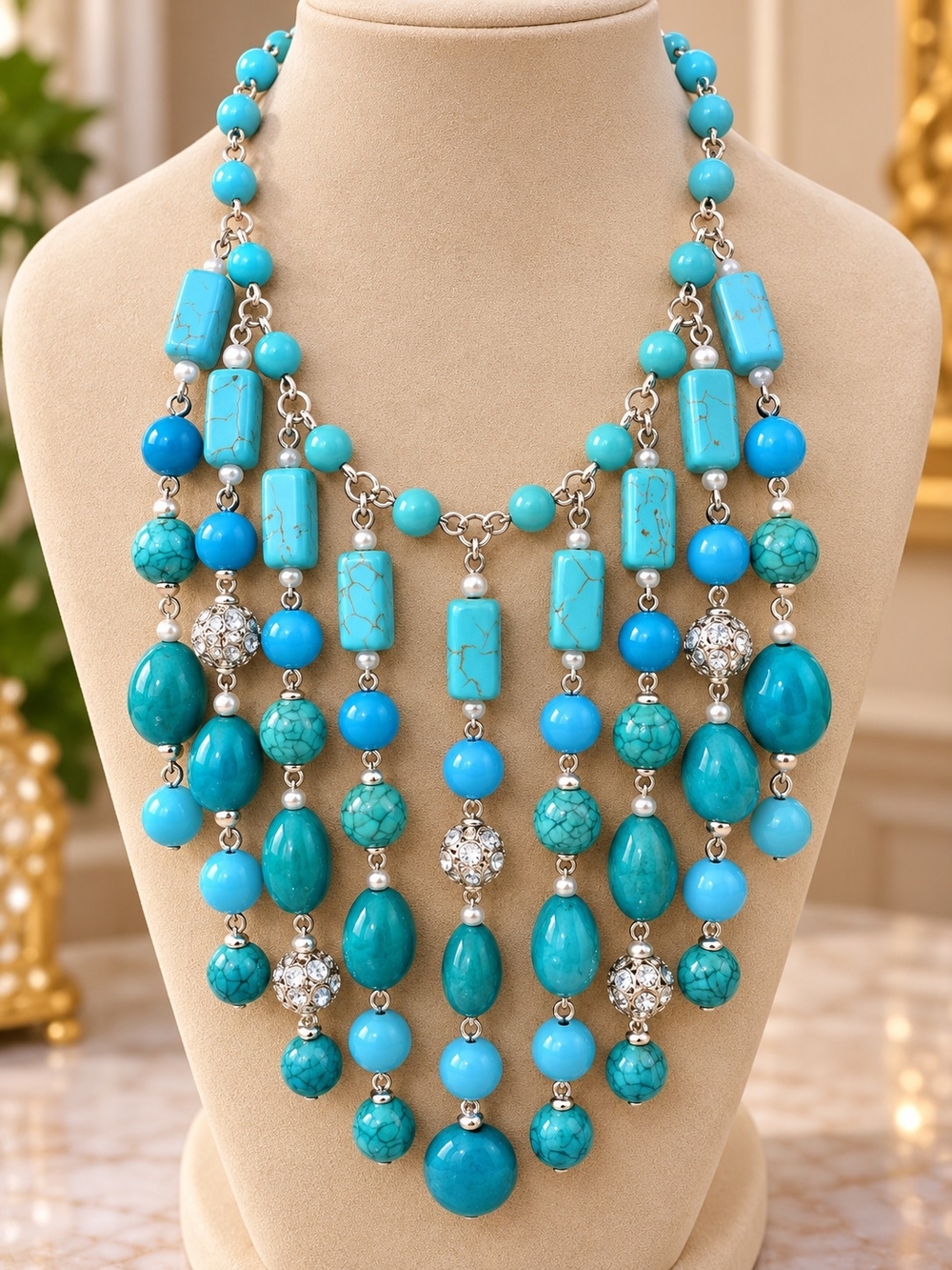 Turquoise Statement Multi-Strand Necklace - Elegant Blue Women's Jewelry 177